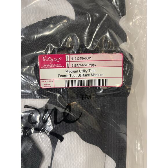 Thirty One Gifts Medium Utility Tote | White Poppy Print | NEW | Black White - Picture 4 of 5